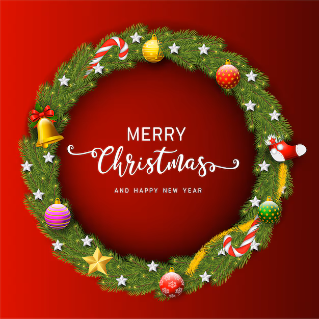 Christmas wreath. beautiful evergreen wreath of xmas tree branches with garland Premium Vector