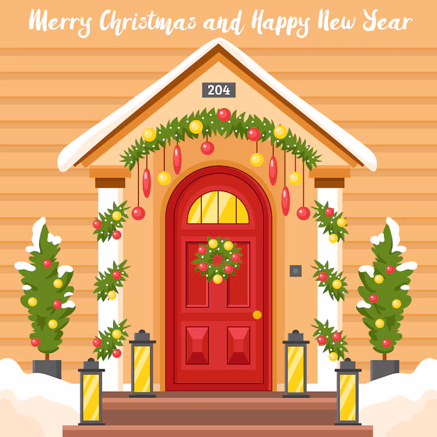 New year card with house decorated for christmas Free Vector